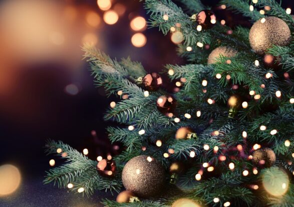A close-up of a decorated Christmas tree with green branches, adorned with glittery gold and brown baubles and warm white fairy lights. The background is blurred with soft, glowing bokeh lights, creating a festive and cozy atmosphere.